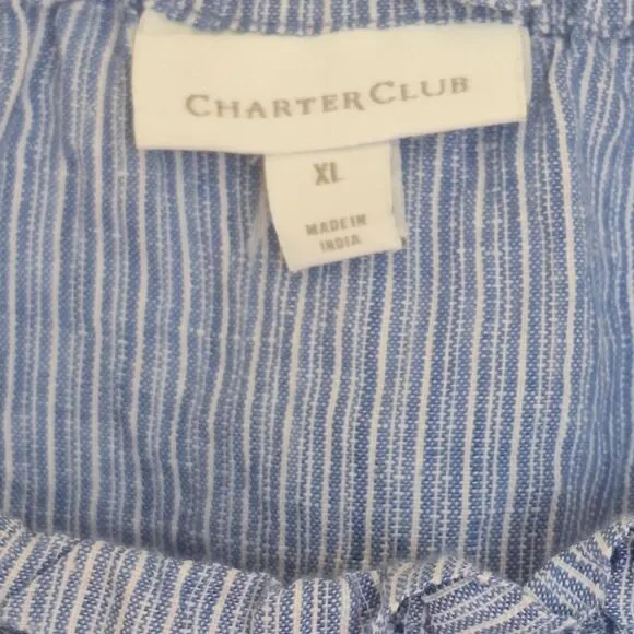 Charter Club Linen Peasant Blouse Top Striped Blue Bell Sleeves Mini Pom Poms XL - Picture 10 of 11